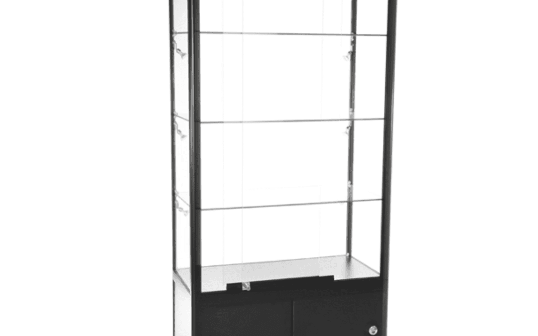 Vitrine d’exposition haute en verre trempé / led avec réserve